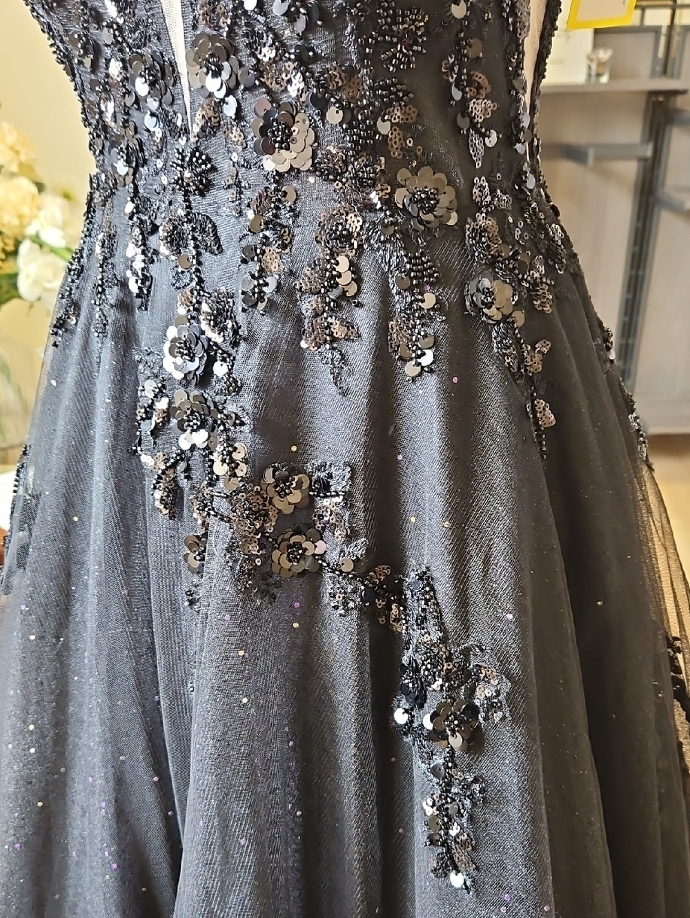 Size 6 Black Tank Strap Open Back Sparkle/Sequin Ballgown By Amarra - Picture 5 of 15